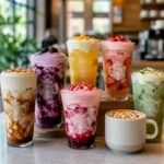 Colorful Starbucks-style fruit-flavored iced coffee drinks topped with cold foam on a modern café counter, highlighting the 2026 trend toward customizable beverages.