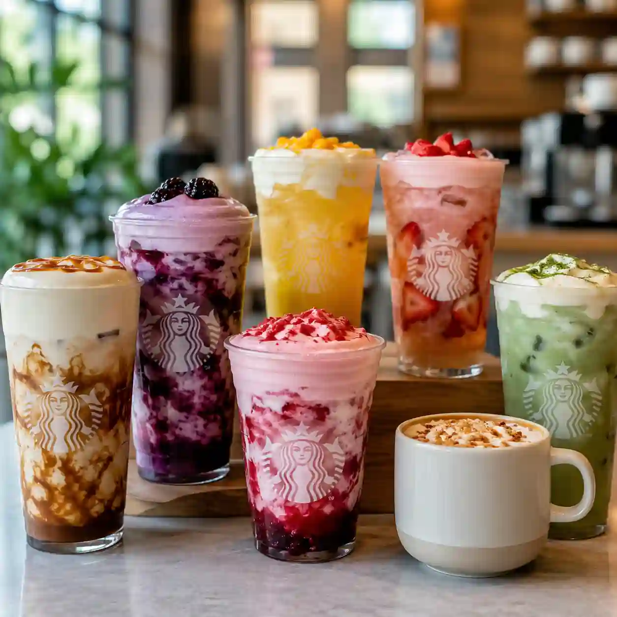 Colorful Starbucks-style fruit-flavored iced coffee drinks topped with cold foam on a modern café counter, highlighting the 2026 trend toward customizable beverages.