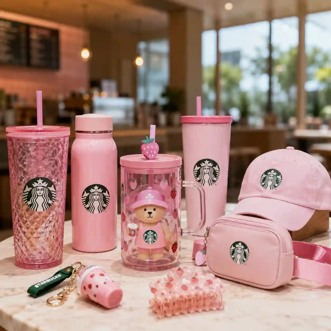 Starbucks Pink Drink-inspired merchandise collection featuring pink tumblers, water bottles, Bearista glass cold cup and matching accessories displayed in a cafĂŠ setting.