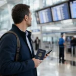 American traveler holding a U.S. passport and checking an airport departures board after a worldwide State Department alert.