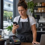 Australian small business owner checking a mobile phone during the nationwide Telstra outage while a payment terminal sits offline.