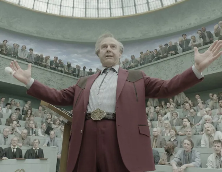 Tom Cruise as billionaire Digger Rockwell with dramatic aging makeup and outstretched arms addressing a large crowd in a scene from the Digger trailer.