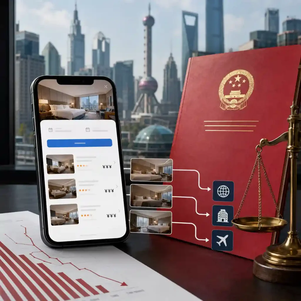 Trip.com hotel booking app beside a Chinese regulatory document following a $770 million antitrust fine.