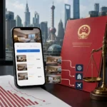 Trip.com hotel booking app beside a Chinese regulatory document following a $770 million antitrust fine.