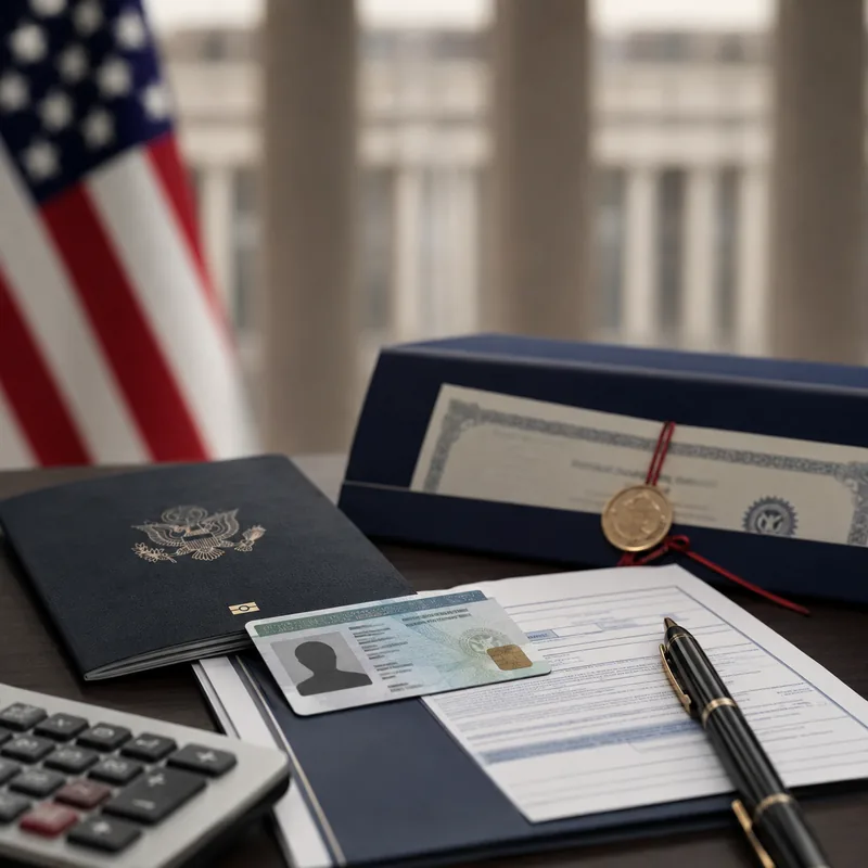 U.S. green card, passport and immigration documents illustrating Trump’s proposed $100,000 green-card bond.