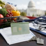 Green card application with groceries, medical equipment and house keys illustrating Trump’s 2026 public charge rule.