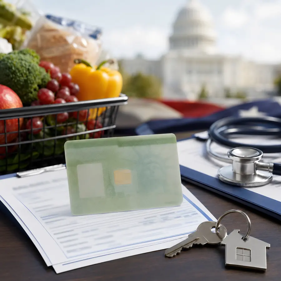 Green card application with groceries, medical equipment and house keys illustrating Trump’s 2026 public charge rule.