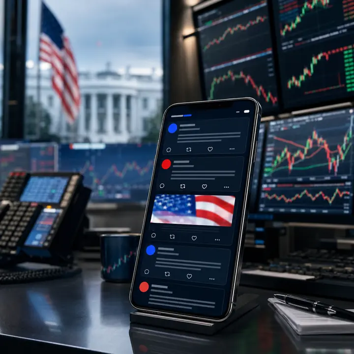 Truth Social API on a smartphone beside Wall Street trading screens displaying real-time market movements