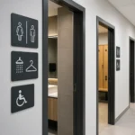 Modern public restroom and changing room entrance with facility signs illustrating the UK single-sex spaces code guidance for public buildings.