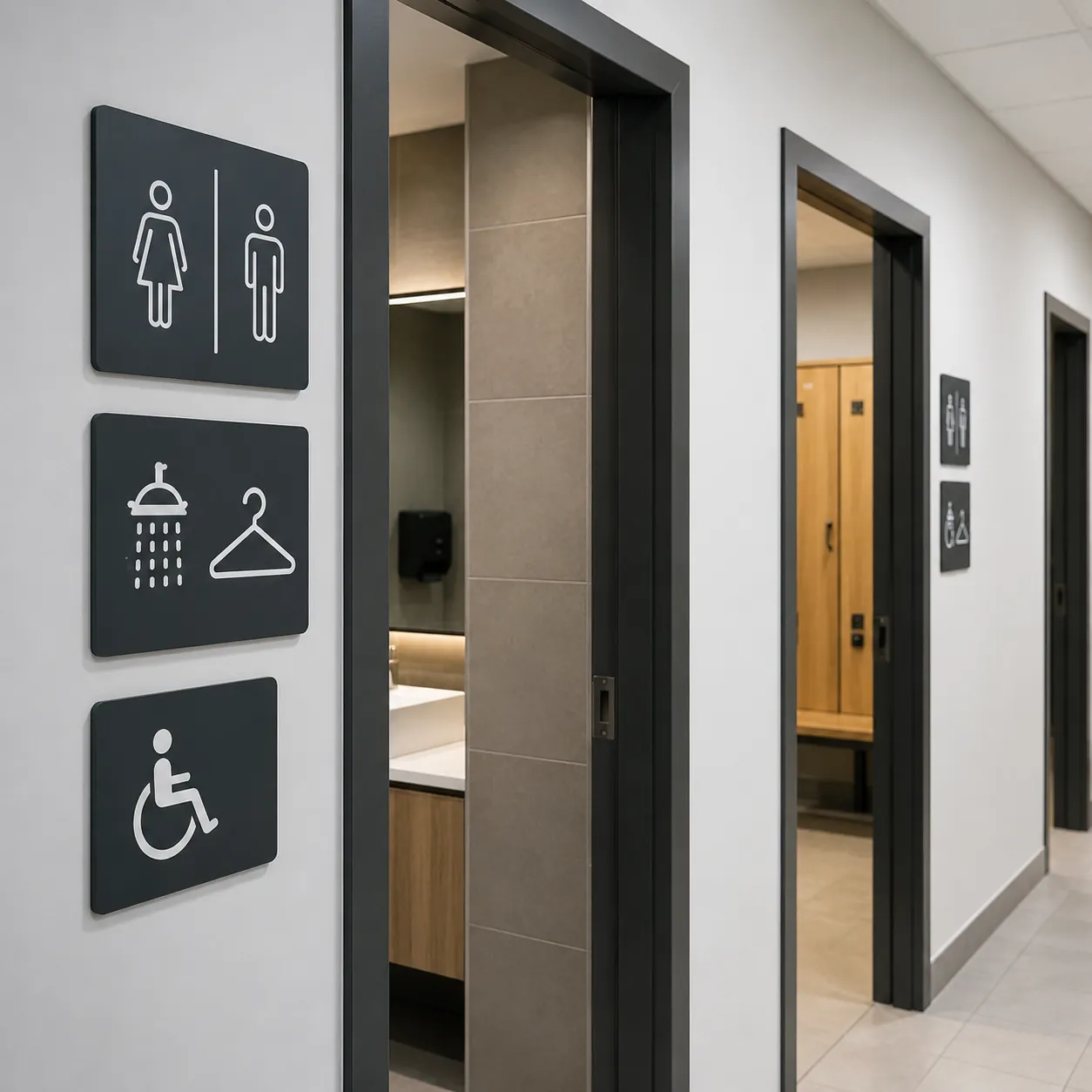 Modern public restroom and changing room entrance with facility signs illustrating the UK single-sex spaces code guidance for public buildings.