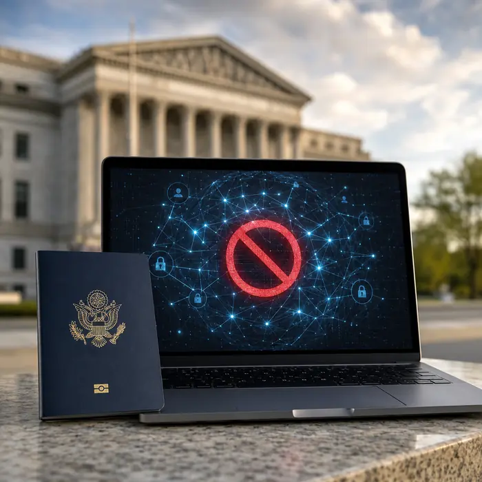 US passport and cybersecurity symbols representing new visa restrictions targeting cybercriminals and sextortionists.