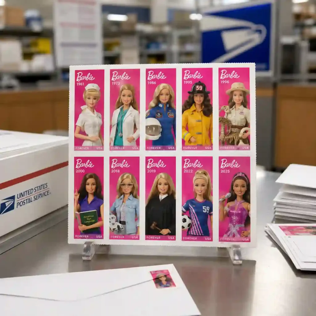 USPS Barbie Forever stamp collection featuring 10 iconic Barbie career designs displayed at a postal counter