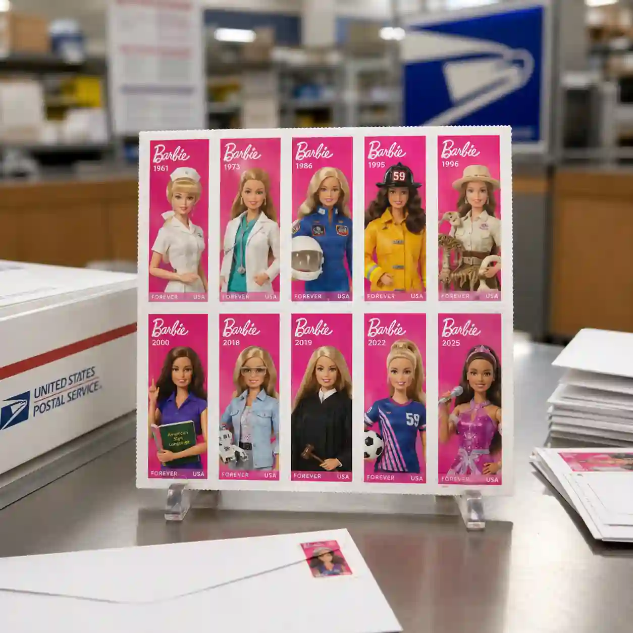 USPS Barbie Forever stamp collection featuring 10 iconic Barbie career designs displayed at a postal counter