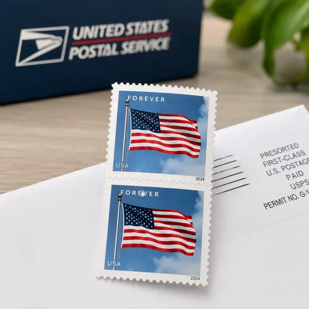 USPS Forever stamps displayed on envelopes