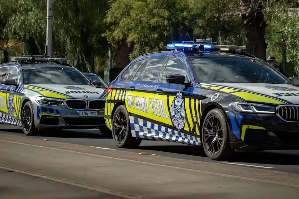 Victoria Police highway patrol vehicles during a road policing operation ahead of the state's planned solo highway patrol trial