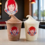 Small chocolate and vanilla Wendy's Classic Frostys featured in the Wendy's $1 Frosty Deal 2026 promotion at a restaurant counter.