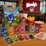 Wendy's Sonic the Hedgehog Kids' Meal featuring collectible trading cards, fries, drink and Kids' Meal box for the 35th anniversary promotion.