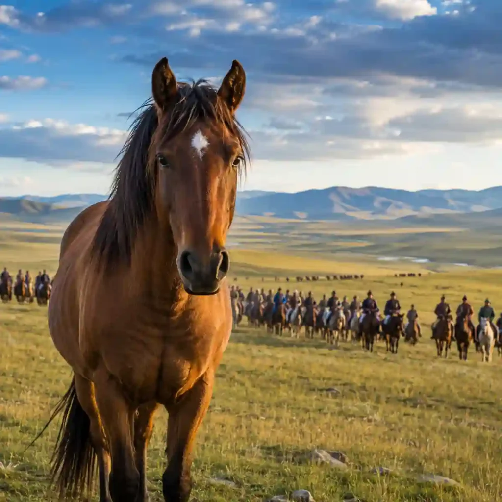 Majestic horse standing on the Mongolian steppe during World Horse Day 2026 celebrations with riders in the background.