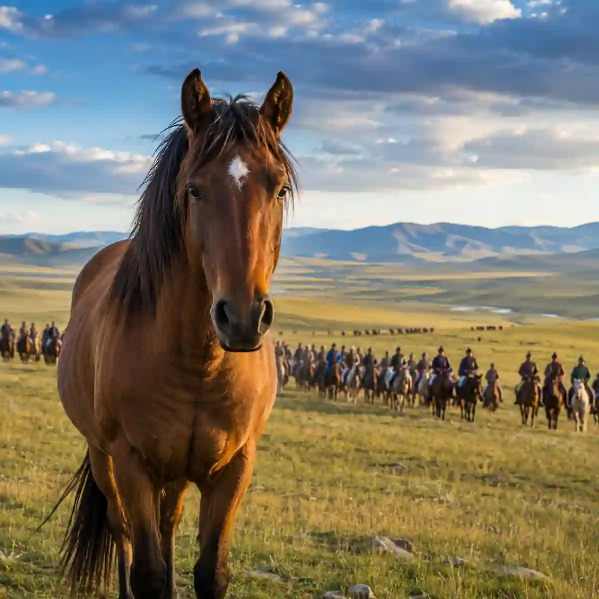 Majestic horse standing on the Mongolian steppe during World Horse Day 2026 celebrations with riders in the background.