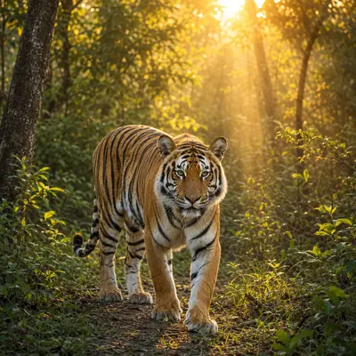 Bengal tiger walking through a sunlit forest for World Tiger Day 2026.