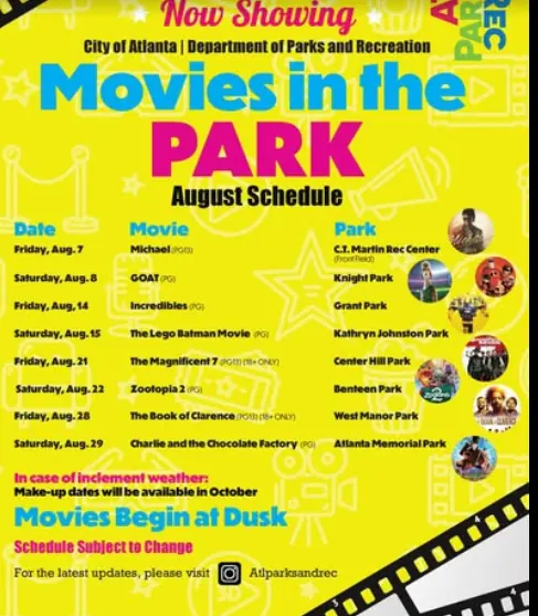 Families enjoy a free Movies in the Park outdoor screening in Atlanta during August 2026.