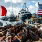 Canadian and U.S. flags with fresh lobster representing Canada's removal of seafood from U.S. counter-tariffs