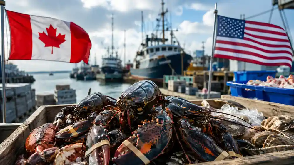 Canadian and U.S. flags with fresh lobster representing Canada's removal of seafood from U.S. counter-tariffs