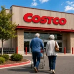Costco warehouse with older shoppers entering the store