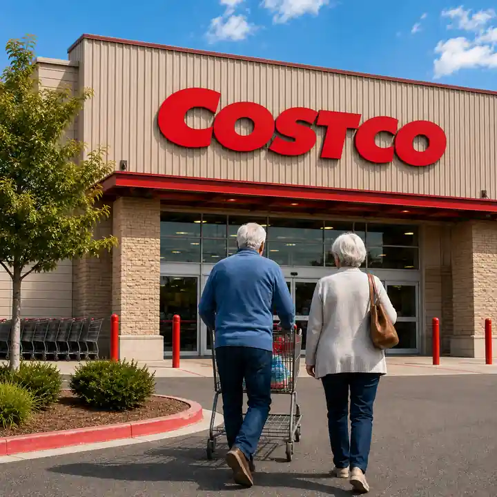 Costco warehouse with older shoppers entering the store