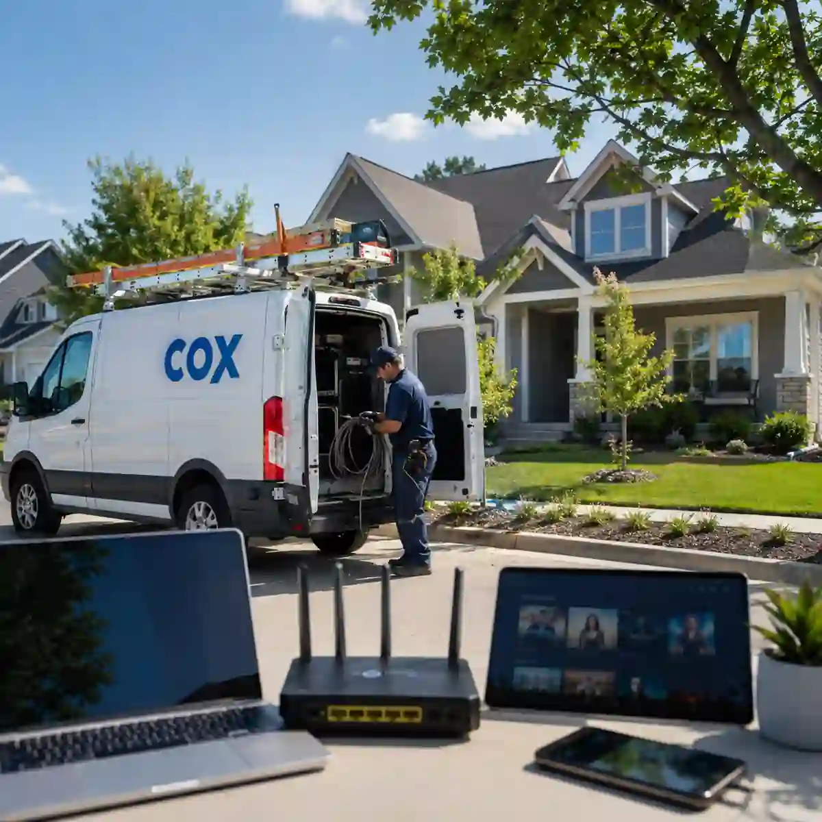 Cox service technician and broadband equipment illustrating the transition to Spectrum after Charter’s $34.5 billion deal.
