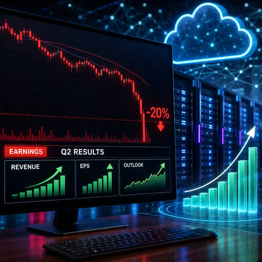 Datadog (DDOG) stock chart showing a sharp 20% decline after the company's Q2 2026 earnings report despite strong revenue growth and raised full-year guidance.