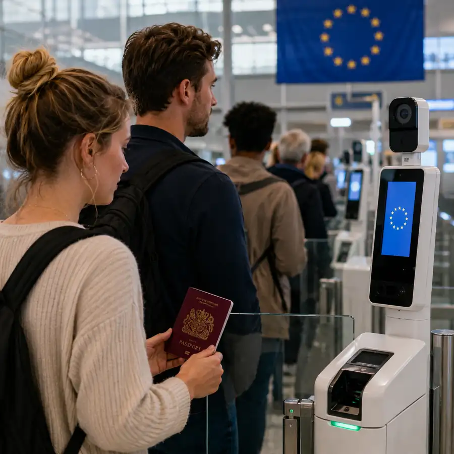 British travellers waiting at EU biometric border gates for EES passport checks.