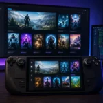 Epic Games Store Linux launcher concept shown on a handheld gaming PC with a Linux desktop setup.