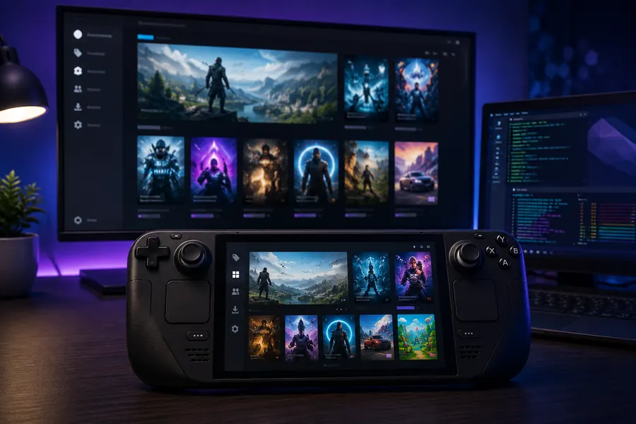 Epic Games Store Linux launcher concept shown on a handheld gaming PC with a Linux desktop setup.