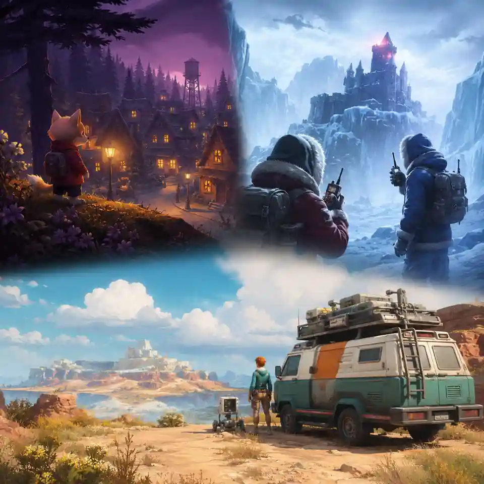 Epic Games Store free games featuring Beacon Pines, We Were Here Together, and upcoming Caravan SandWitch in a clean editorial-style composite artwork
