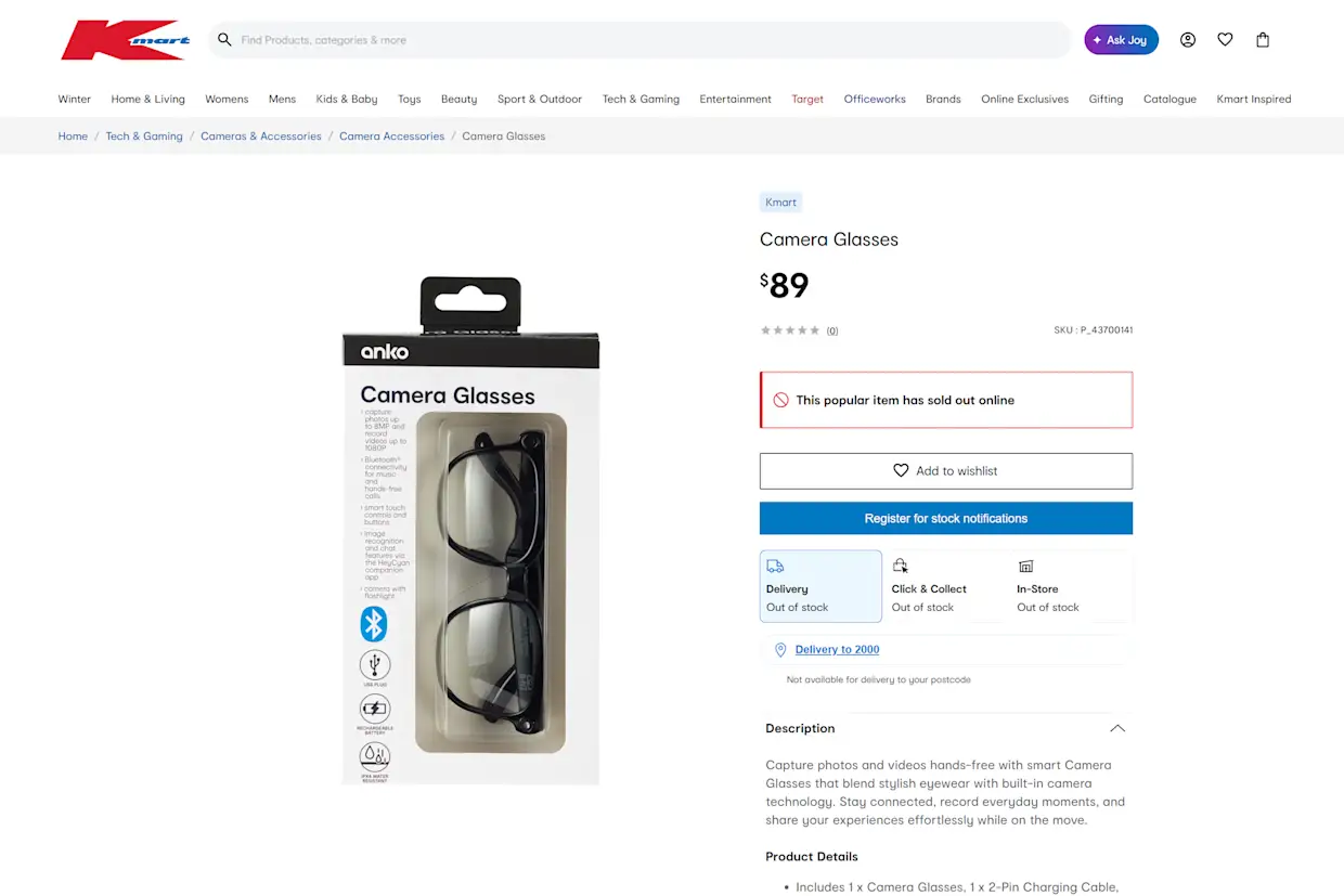 Kmart $89 Camera Glasses Sell Out