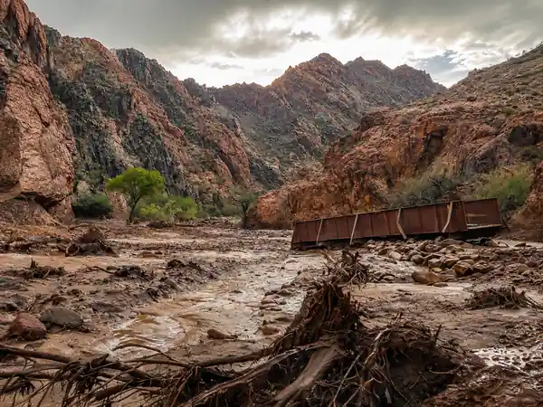 Grand Canyon flash flood damage near Bright Angel Canyon after severe flooding