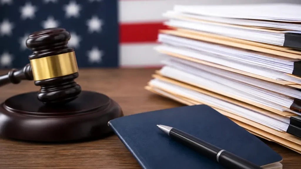 H-1B visa and U.S. immigration documents with a judge's gavel against an American flag background