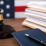H-1B visa and U.S. immigration documents with a judge's gavel against an American flag background