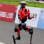Chinese humanoid robot Lightning running during a 100m robotics test in Beijing