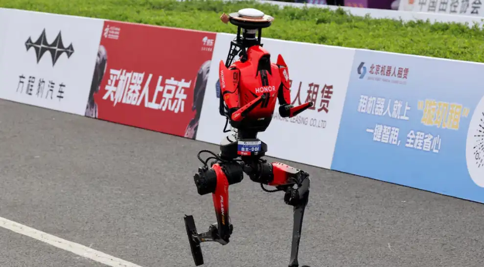 Chinese humanoid robot Lightning running during a 100m robotics test in Beijing
