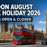 London August Bank Holiday 2026 with a red bus near Big Ben