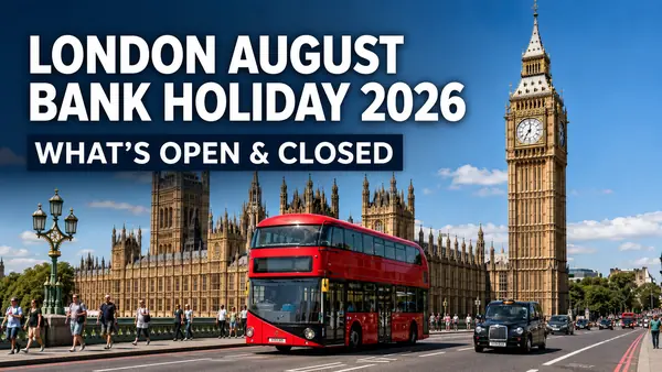London August Bank Holiday 2026 with a red bus near Big Ben
