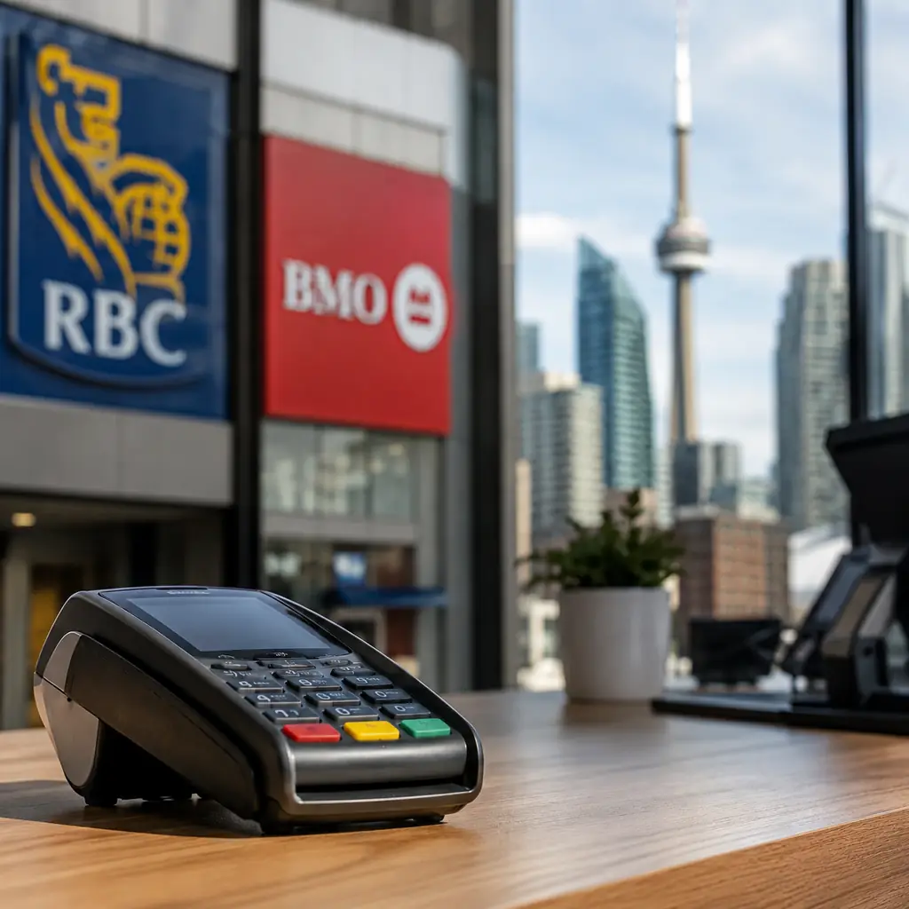 RBC and BMO payment terminal representing the C$2 billion Moneris sale to Francisco Partners.