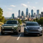 Rivian electric truck and Tesla Model Y driving side by side on a city highway.