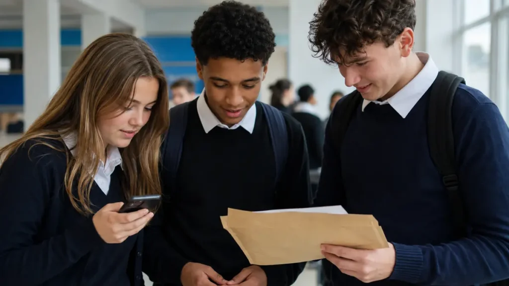 Students checking Scotland National 5, Higher and Advanced Higher exam results at school.