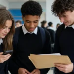 Students checking Scotland National 5, Higher and Advanced Higher exam results at school.