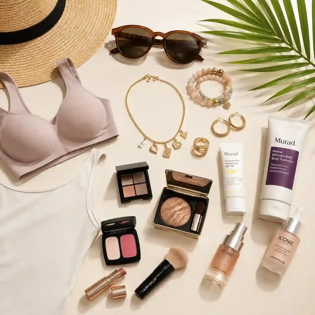 Editorial-style flat lay featuring summer fashion, beauty, skincare, sunglasses, and jewelry products arranged on a clean neutral background, suitable as a Google Discover feature image.