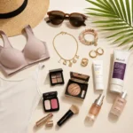Editorial-style flat lay featuring summer fashion, beauty, skincare, sunglasses, and jewelry products arranged on a clean neutral background, suitable as a Google Discover feature image.