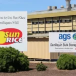 Rice fields and processing facility in the NSW Riverina amid SunRice production cuts.